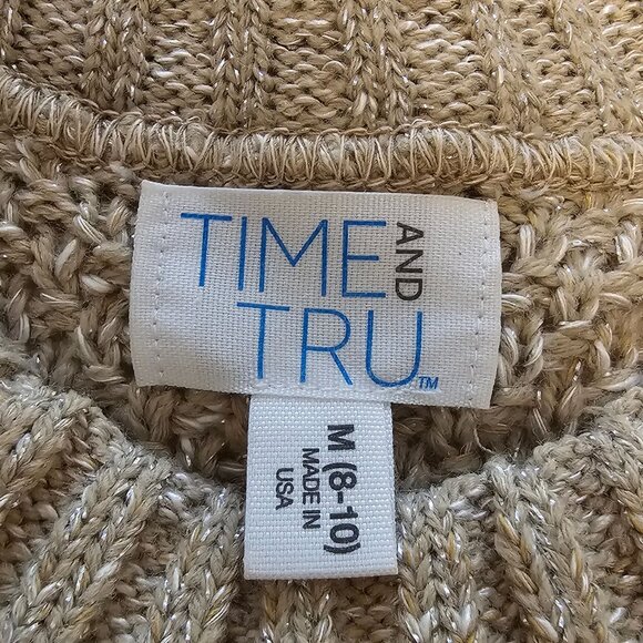 Women’s Time and Tru Beige w/ Silver Metallic Short Sleeve Sweater Top, Medium - Picture 2 of 7